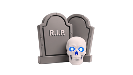 Skull with glowing eyes next to a tombstone on white background