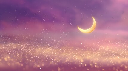 Fototapeta premium Magical Crescent Moon Shining in a Dreamy Purple Sky with Glittering Stars.