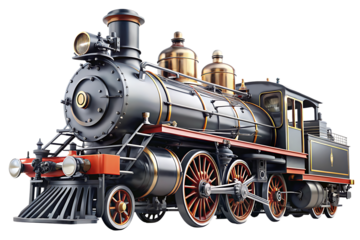 Vintage steam locomotive, with ornate gold trim and red accents, cutout, PNG isolated on white or transparent background