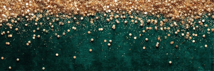 A textured surface with a blend of green and gold glitter. The scene features a sparkling effect, ideal for festive or celebratory themes.