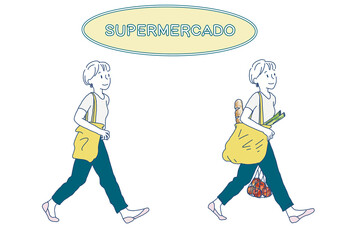 Zero waste lifestyle illustration of a woman grocery shopping with a reusable eco bag, sustainable daily life concept, flat vector isolated on white background