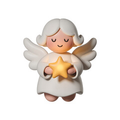 Whimsical 3d angel character proudly presenting large golden star, perfect for christmas tree toppers, star of bethlehem concepts, and greetings