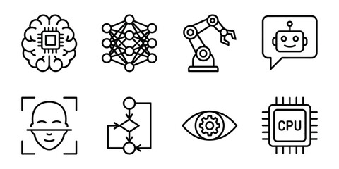 Fototapeta premium Artificial intelligence line icons set, neural network robot vision cpu