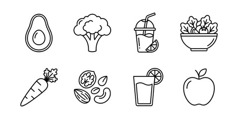Healthy food line icons set, vegetables fruits salad juice