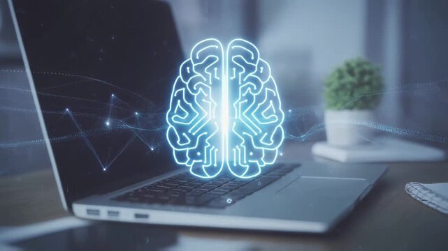 A glowing brain hologram emerges above a laptop, representing cognitive AI systems, neural computation, and advanced artificial intelligence driven by structured digital data networks.