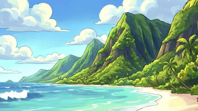 This animated scene showcases a stunning tropical paradise. Lush green mountains rise majestically behind a pristine sandy beach, lined with swaying palm trees. The clear, turquoise ocean water gently