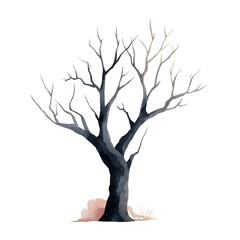 cute minimal watercolor clipart of a creepy tree in a kids Halloween theme minimal shadows flat watercolor look soft tones clean shapes handpainted texture isolated on white backgroun