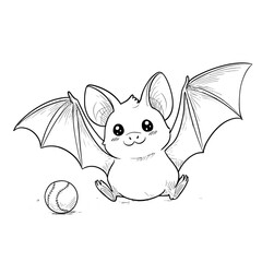 a cute cartoon drawing of a bat and ball black and white monoline on a solid white background not transparent
