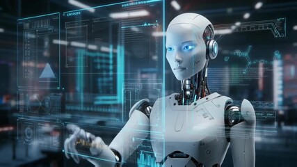 A humanoid robot manipulates transparent digital layers, activating smart data processes and AI-driven artificial intelligence components within a futuristic tech control environment. - Powered by Adobe