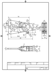 2D engineering technical drawing of a mechanical mounting bracket or arm, designed using computer-aided design software, engineering and manufacturing concepts, fixtures