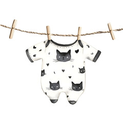 watercolor illustration of baby romper with black cat motif on clothesline soft charcoal colors cozy neutral watercolor style isolated on white clipart