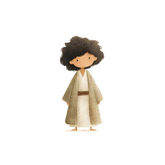 Cute minimalistic simple watercolor painting of young man in simple robe dark curly hair biblical times soft vintage earth tone colors nursery watercolor style clean shapes handpainte