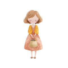 simple watercolor illustration of a kawaii cute little chibi skinny women in dress with gift bag minimal style beautiful colors cohesive pastel palette childrens book aesthetic no shad