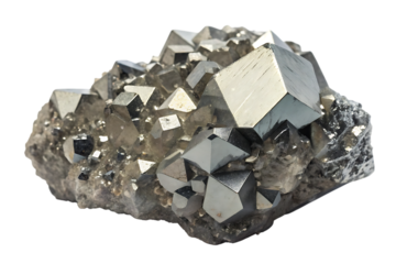 Raw Pyrite Mineral Cluster, with cubic crystals and metallic sheen, cutout, PNG isolated on white or transparent background