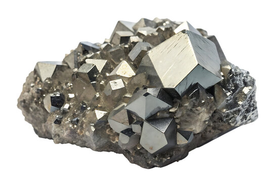 Raw Pyrite Mineral Cluster, with cubic crystals and metallic sheen, cutout, PNG isolated on white or transparent background