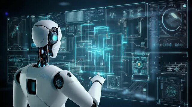 A robot interacts with a floating display, shaping data blocks and system modules that reflect AI operational power and adaptive artificial intelligence processing structures.
