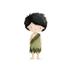 cute minimal watercolor clipart of little Adam black hair only wearing fig leaf as pants biblical clip art minimal shadows flat watercolor look soft pastel tones clean shapes handpain
