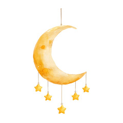 Cute minimalistic simple watercolor painting of a crescent moon with hanging stars mobile childfriendly simple design nursery watercolor style clean shapes handpainted texture isolate