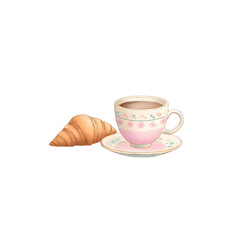 simple watercolor illustration of croissant and espresso cup on saucer gentle shadows Amalfi Coast style kawaii minimal style beautiful colors coastal Italian vibe Mediterranean summer
