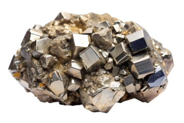 Metallic pyrite mineral clusters, with cubic and octahedral crystal formations, cutout, PNG isolated on white or transparent background