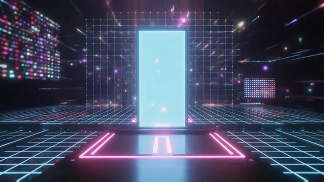 A bright holographic AI logo stands on a digital platform, surrounded by floating grid lines, luminous particles, and soft reflections, creating a futuristic exhibition-style technological environment