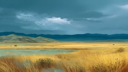 Fototapeta premium Deserted open field in gold and green serene landscape offering calm natural beauty