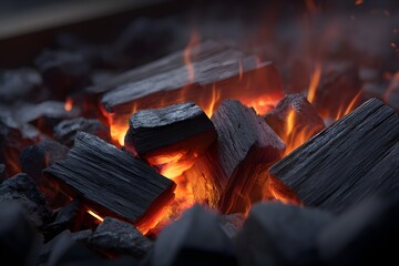 Campfire close up with glowing coals and charred wood revealing rich texture warmth rustic outdoor atmosphere