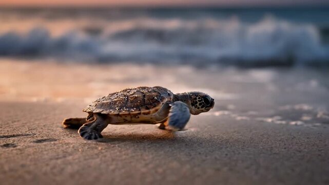baby animal - A small sea turtle makes its way across the sandy beach towards the gentle waves, with a vibrant sunset casting warm colors in the background