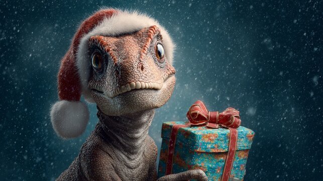 Holiday cheer with a friendly dinosaur: a unique christmas card illustration. Modern style. Adorable t-rex with gift and santa's hat amidst holiday decor magic. Advertising photo.