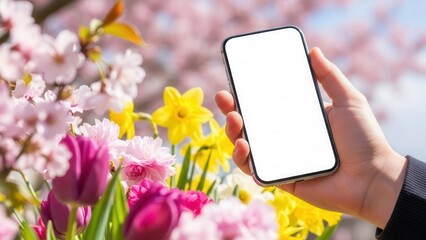 Hand holding smartphone with white screen in front of blooming spring flowers