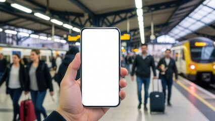 Clean smartphone mockup with blank display held by hand in busy train station