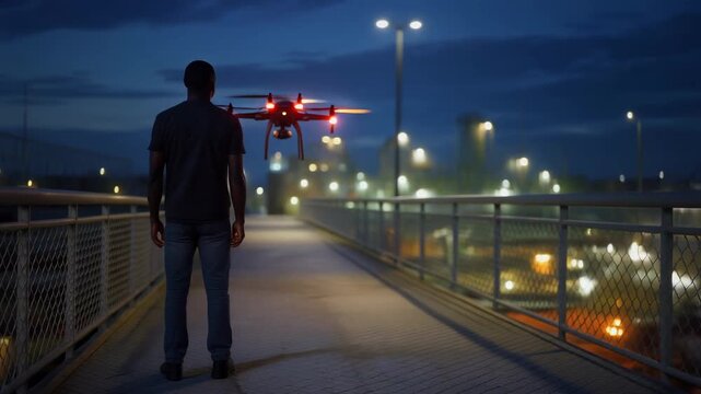 An African American man stands on an urban bridge at night, observing a high-tech drone with glowing red lights hovering in the air, capturing a scene of modern technology and surveillance.