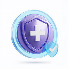 Obraz premium 3D render of a purple shield with a white medical cross inside a blue circle, accompanied by a smaller blue shield with a checkmark, symbolizing health protection and verification.
