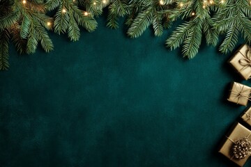 A festive arrangement of Christmas gifts and pine branches on a dark green background. The scene is warm and inviting, perfect for holiday celebrations. copy space
