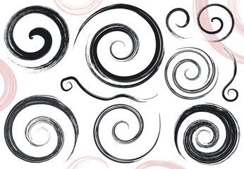 手書き筆タッチの和風ぐるぐるうずまき素材セット/黒