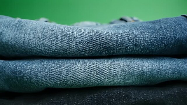 Stacked denim jeans on green background video.