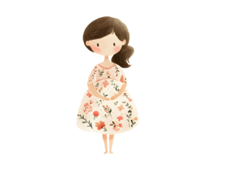 simple watercolor illustration of a kawaii cute little chibi Pregnant mum in floral dress minimal style beautiful colors muted natural palette childrens book aesthetic no shadows Isola