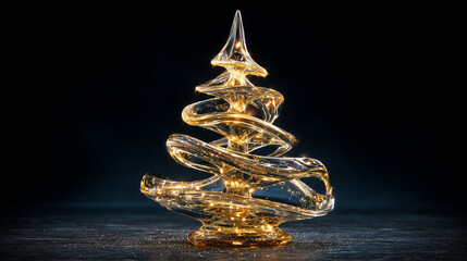 Golden glass Christmas tree with glowing lights on dark background