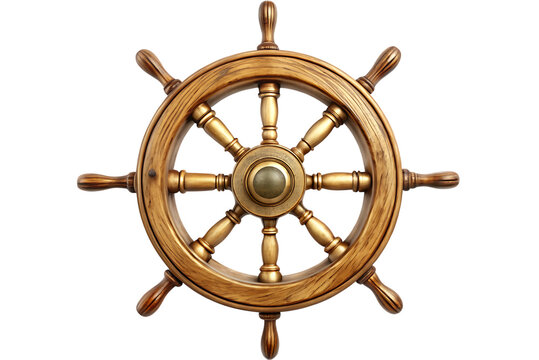 Detailed wooden ship's helm, with brass accents and visible wood grain, cutout, PNG isolated on white or transparent background