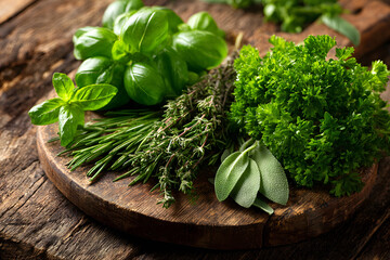 Fresh herbs arranged on a wooden cutting board in a rustic kitchen setting during daytime