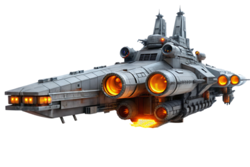 Massive futuristic spaceship, with glowing orange engines and illuminated windows, cutout, PNG isolated on white or transparent background