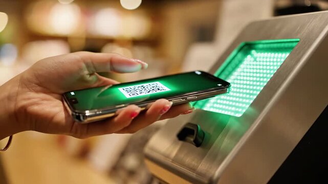 A person's hand holds a smartphone with a QR code on the screen near a blurred background terminal