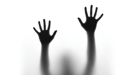 Silhouetted hands raised in a gesture of surrender or appeal against a white background