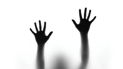 Obraz premium Silhouetted hands raised against a white background with a blurred figure