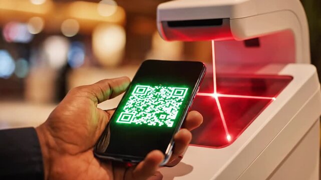 A hand holding a smartphone displaying a green QR code in front of a white scanning device with red laser beams