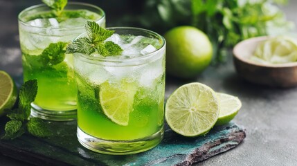Fototapeta premium Refreshing green beverages, ice, lime slices, and mint leaves, beautifully arranged. Close-up composition highlights ingredients