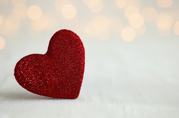 Fototapeta premium Glittering red heart resting on a textured surface with bokeh lights, creating a romantic celebration background with copy space