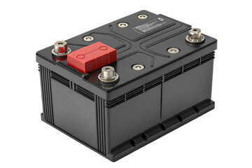 Black automotive car battery, with red terminal cover and metal connectors, cutout, PNG isolated on white or transparent background