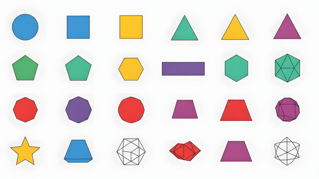 A collection of various simple flat geometric shapes in different colors, perfect for educational materials, decorative designs, or graphic illustrations. Each shape is clean and visually appealing.