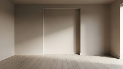 Neutral empty room with beige walls, matte finish, subtle shadows, wide-angle shot, light oak flooring